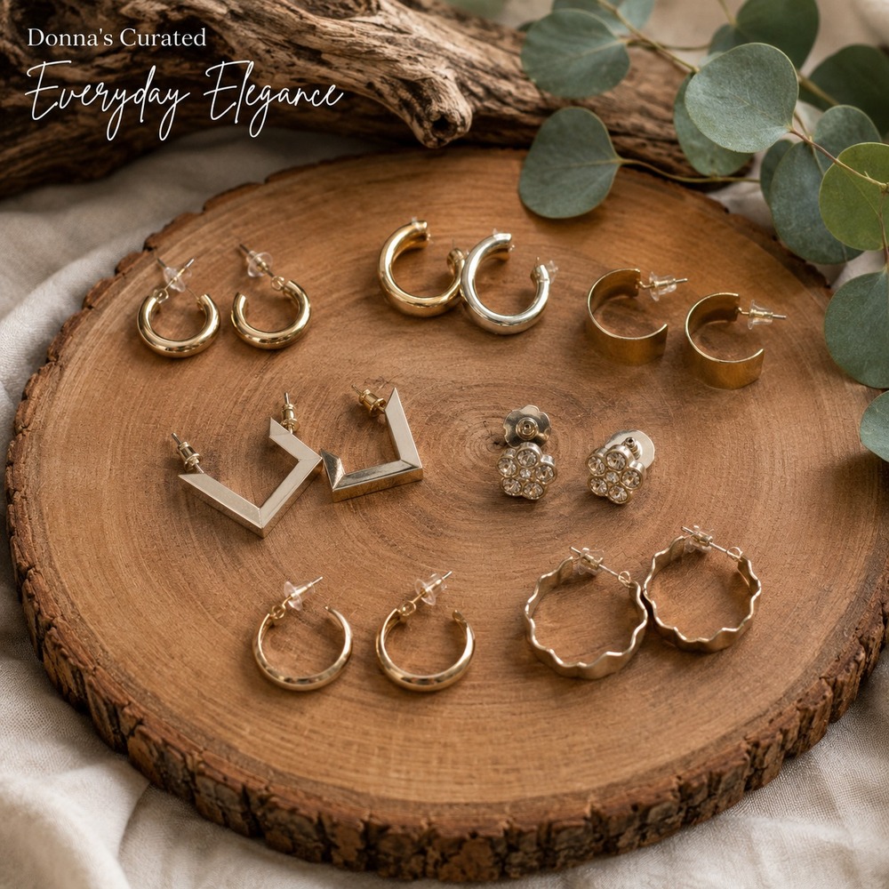 Donna's Curated Everyday Elegance Gold Tone Earrings 7 Pair Hoop Stud Mixed Lot
